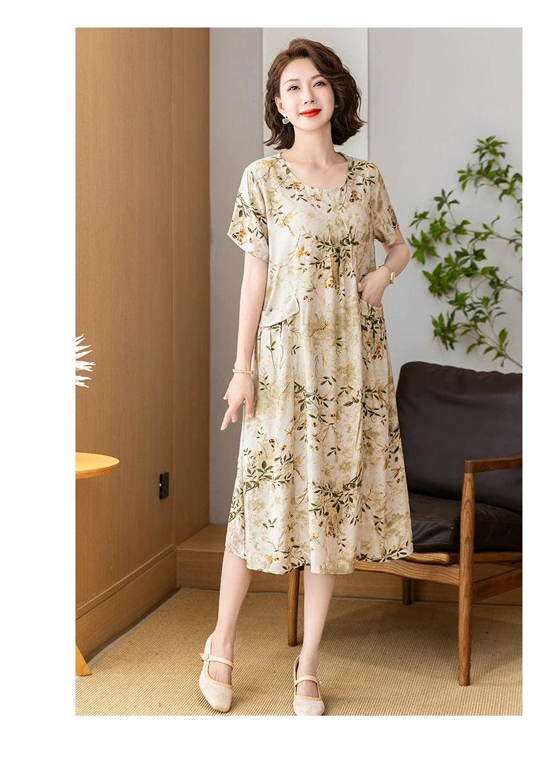 New 2025 Summer Dress Long Vintage Loose Women Elegant Sundress Dress Casual O-neck Dresses Print Plus Size