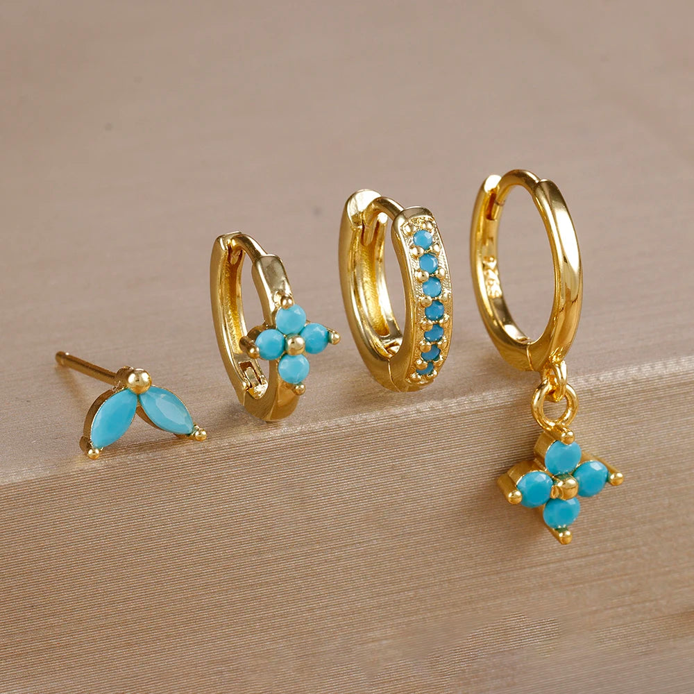 4Pcs Fashion Cubic Zirconia Flower Hoop Earrings Set 18K Gold Plated Stainless Steel Stud Earring Piercing Jewelry Aretes Mujer