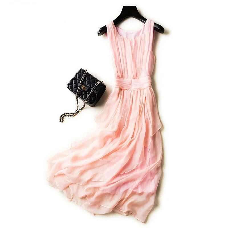 100% Mulberry Silk Dress Slim Silk Dress 2024 Summer Women's Clothing Super Fairy Beach Dresses Long Elegant Dresses For Women