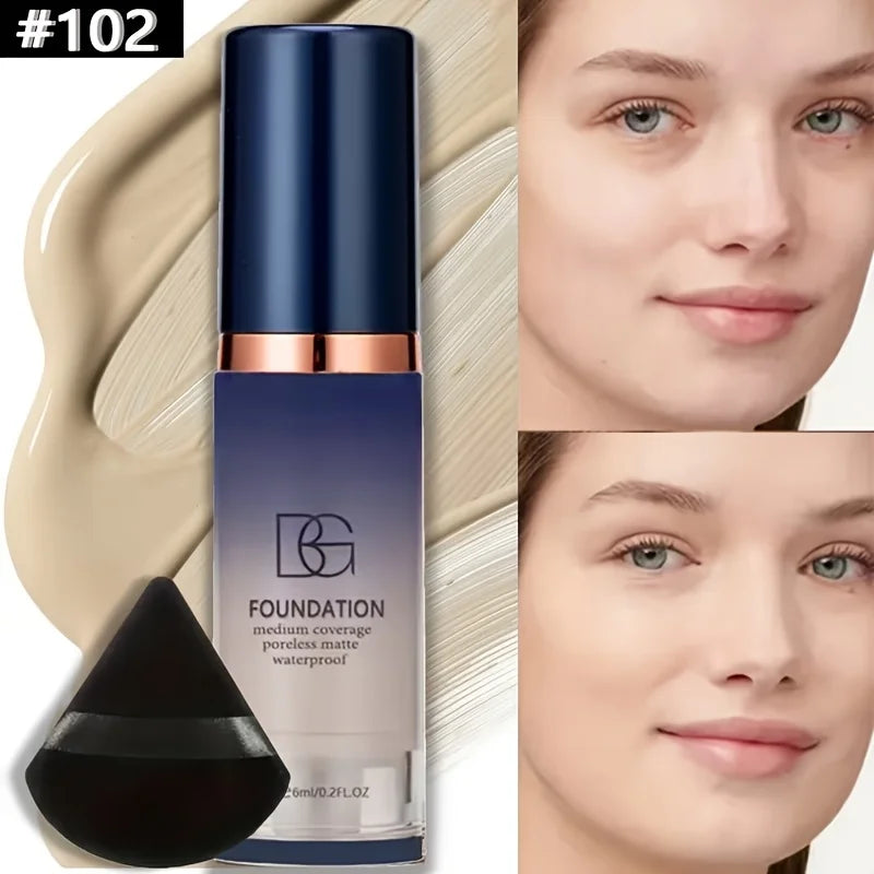 Set de maquillaje con base todo en uno de 2 piezas con borla triangular negra, cobertura impecable para principiantes