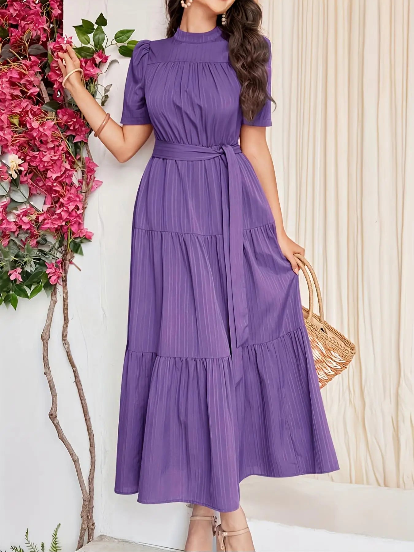 High Neck Dress, Bohemian Sweet Style, Self-Tie Waistband and Puff Sleeves, Perfect for Vacation, Dates, and Daily Wear