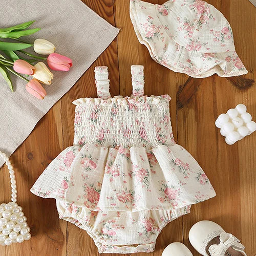 Baby Girl Sleeveless Romper and Hat Set - Cotton Print, 0-24M