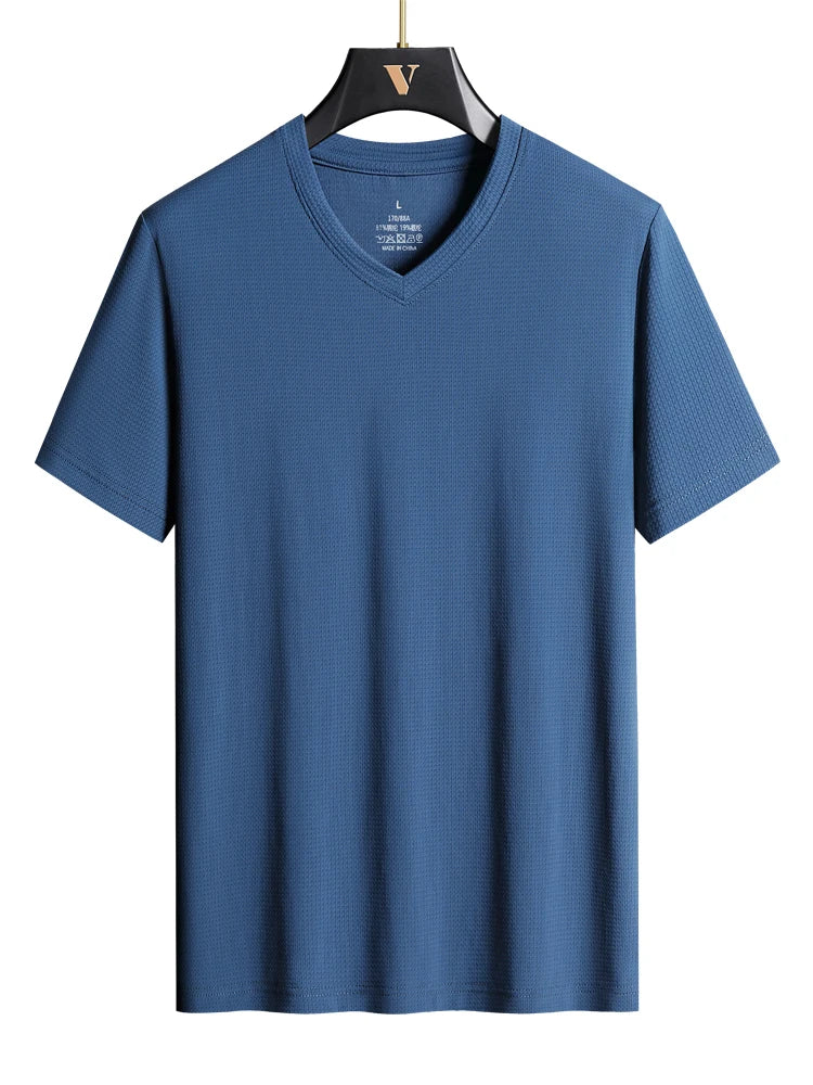 Plus Size 7XL 8XL 9XL Summer V-Neck T-shirts For Men Ice Silk Cooling Quick-dry Breathable Men's Short-sleeved T Shirts