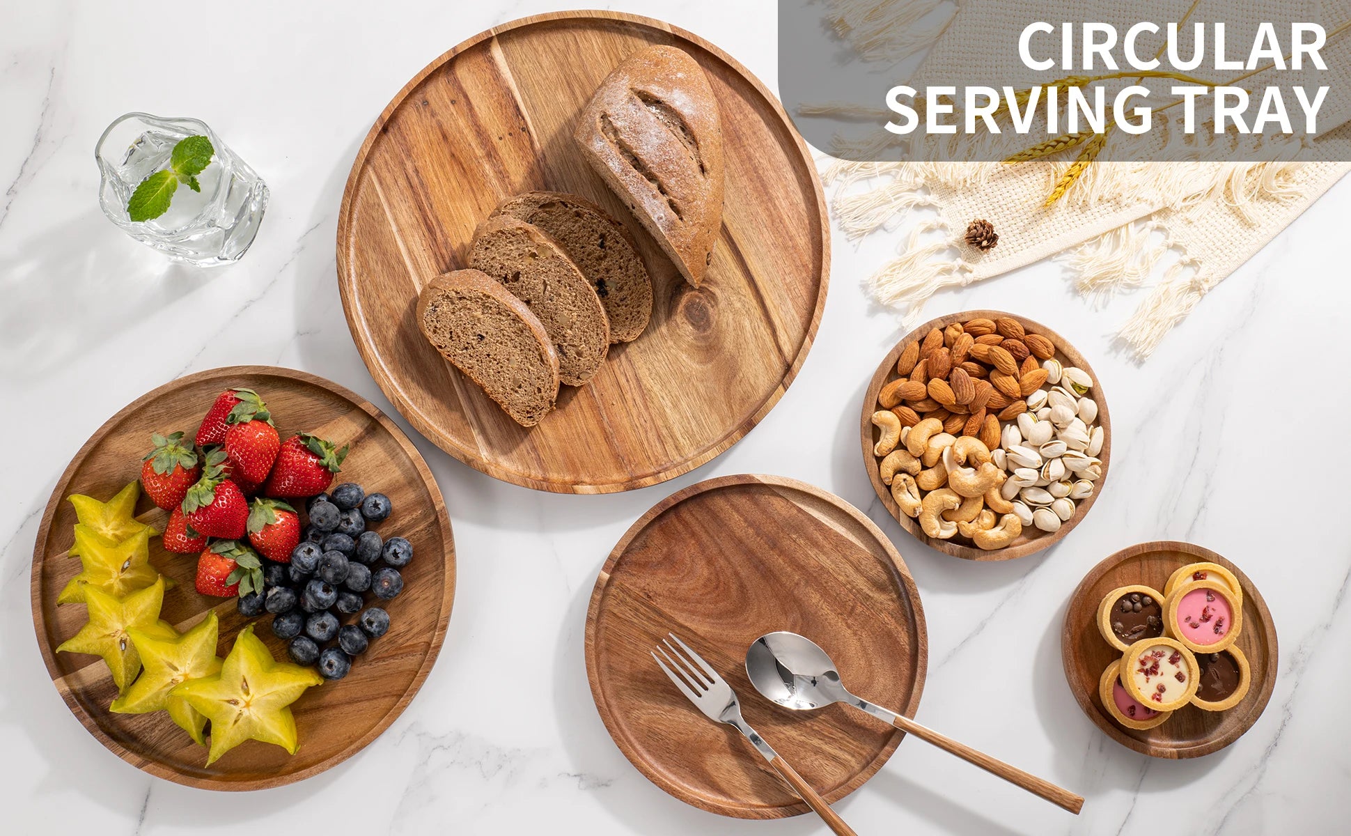 12.5/15/20/25/30cm Round Serving Platter Tray Acacia Wood Pizza Salad Plate Fruit Dessert Tray Bread Cake Container Snacks Dish