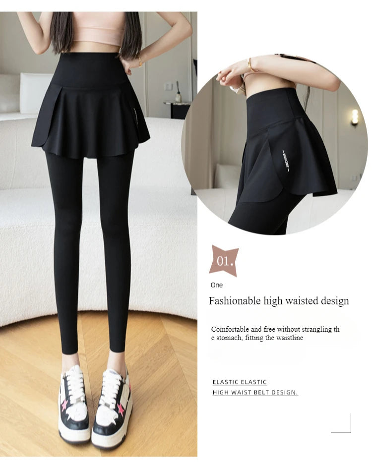 Women Fake Two Pieces Leggings Seamless Fitness Leggings High Waist with Pocket Elastic Slim Fashion Hip Liftting Yoga Pants