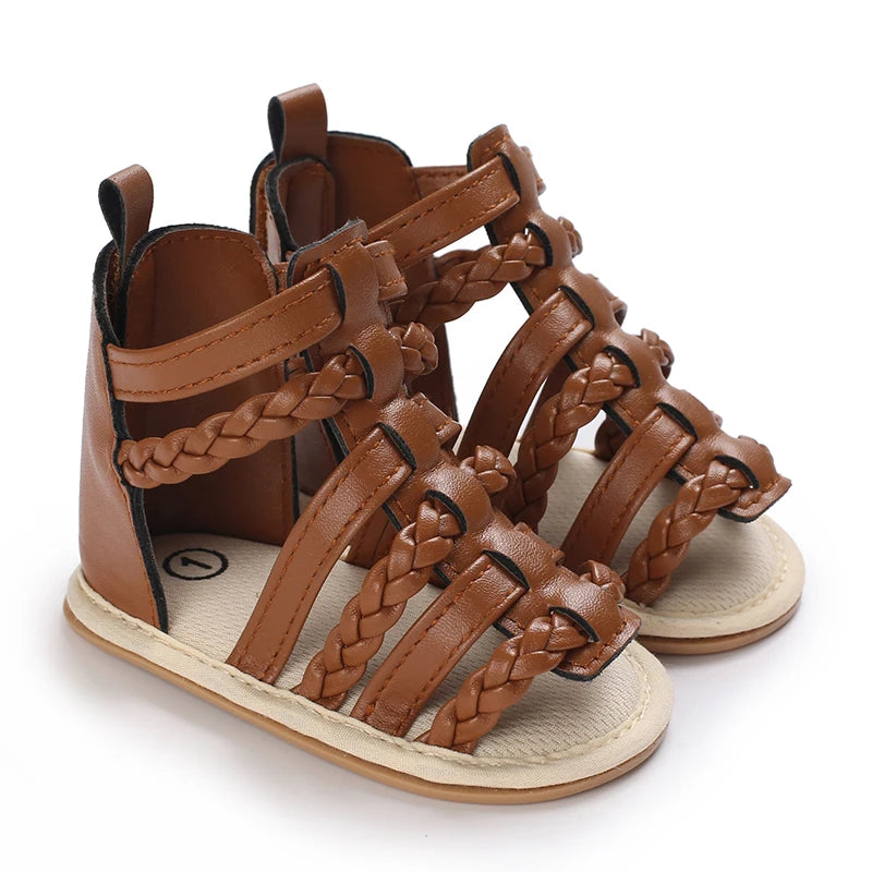 Baby Girls' Brown Leather Sandals - Soft Rubber Sole, 0-18 Months