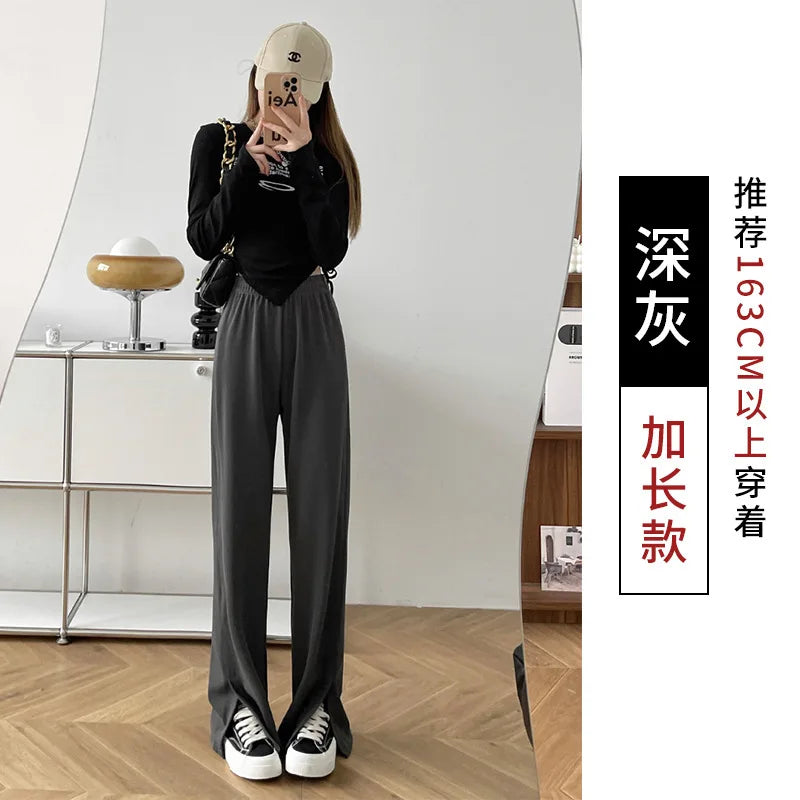 Women's High Waist Wide Leg Knitted Pants - Side Split Casual Long