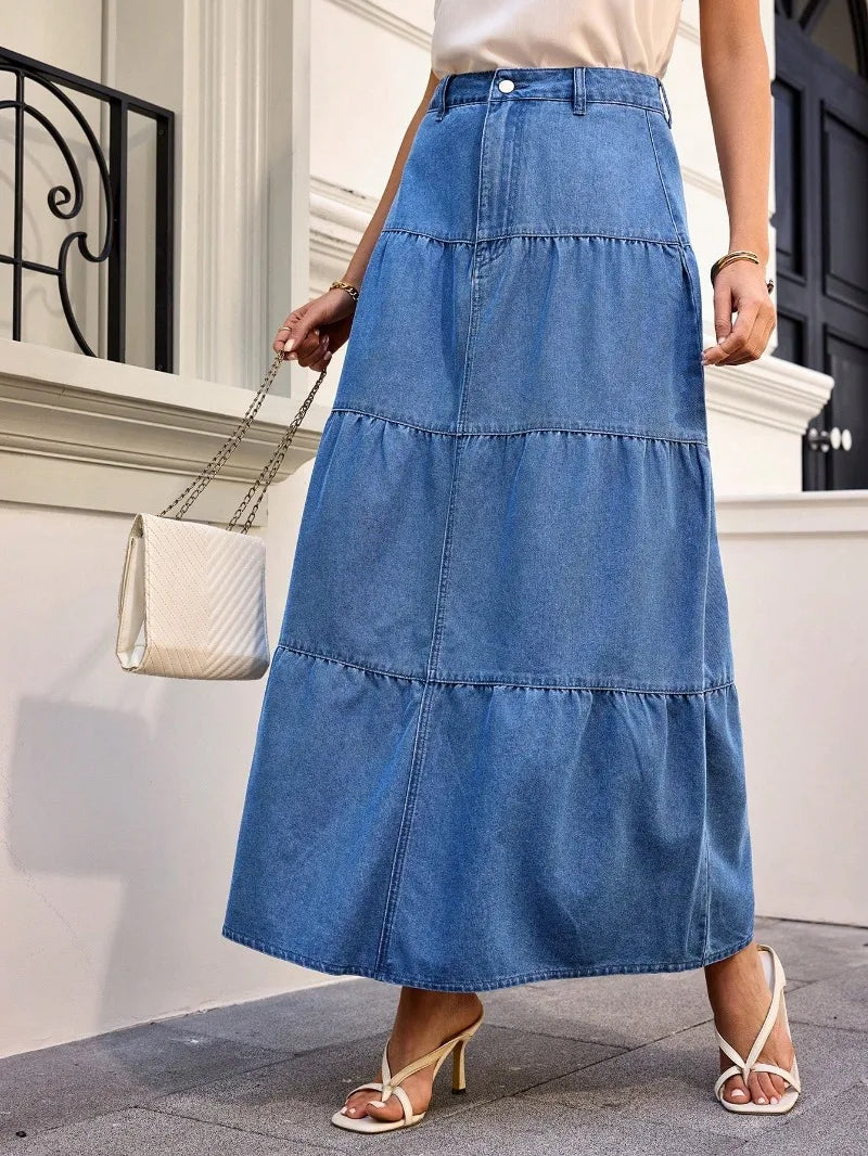 Maxi Skirts Boho Style Cotton Women's Skirt Femme High Waist Denim Skirts Mujer Vacation Bottoms A-line Layered Skirt Streetwear