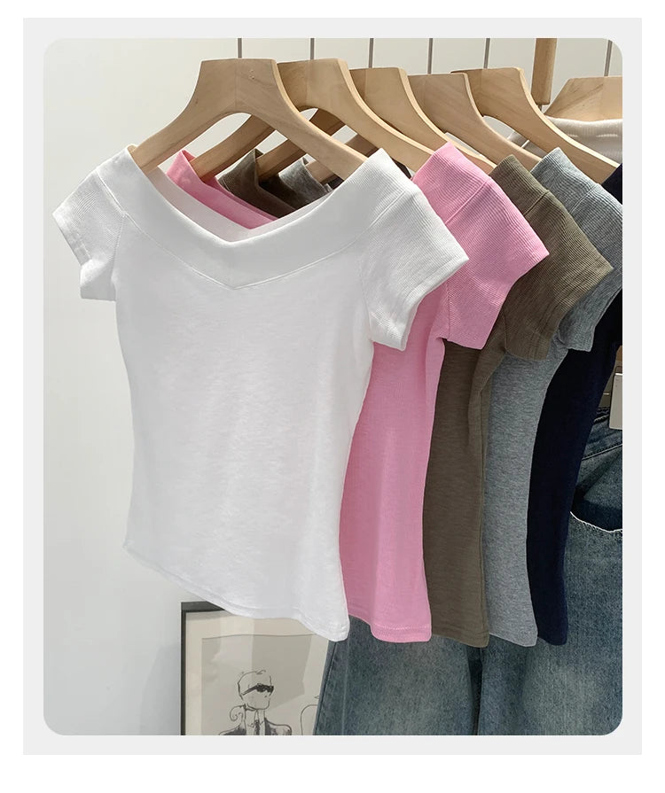 Pink Shoulder Bared Short Sleeve T Shirt Women's Summer New Style Ageless Lady Pure Desire Spicy Girl Top Simple Backless Design