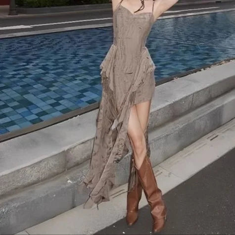 Sexy Bohemian Short Dress with Strap Vintage Retro Desert Wasteland Style Unconventional Skirt for Women Travel Photography