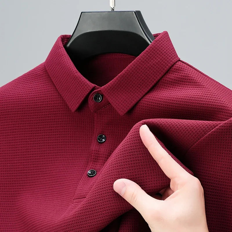 Men's Long Sleeve Polo Shirt - Solid Color Knit Casual Top