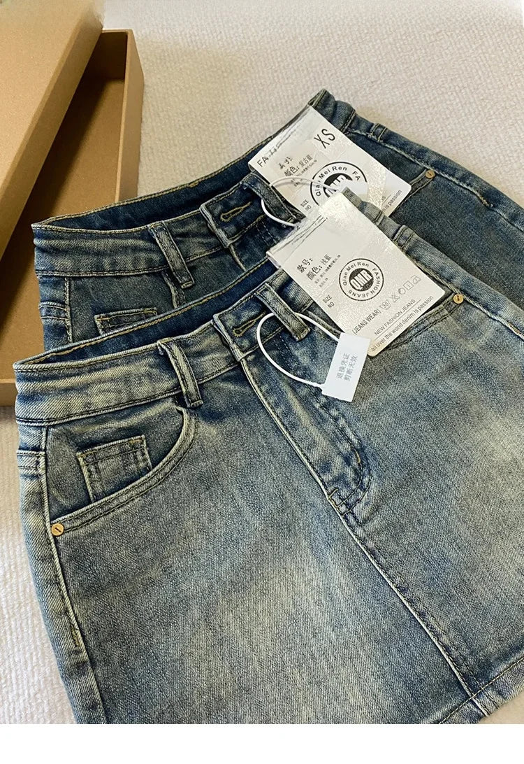 Hot Girl Denim  Skirt Summer plus Size Women's Pear Body Shape Slimming A-Line Short Skirt High Waist Non-Stretch Denim