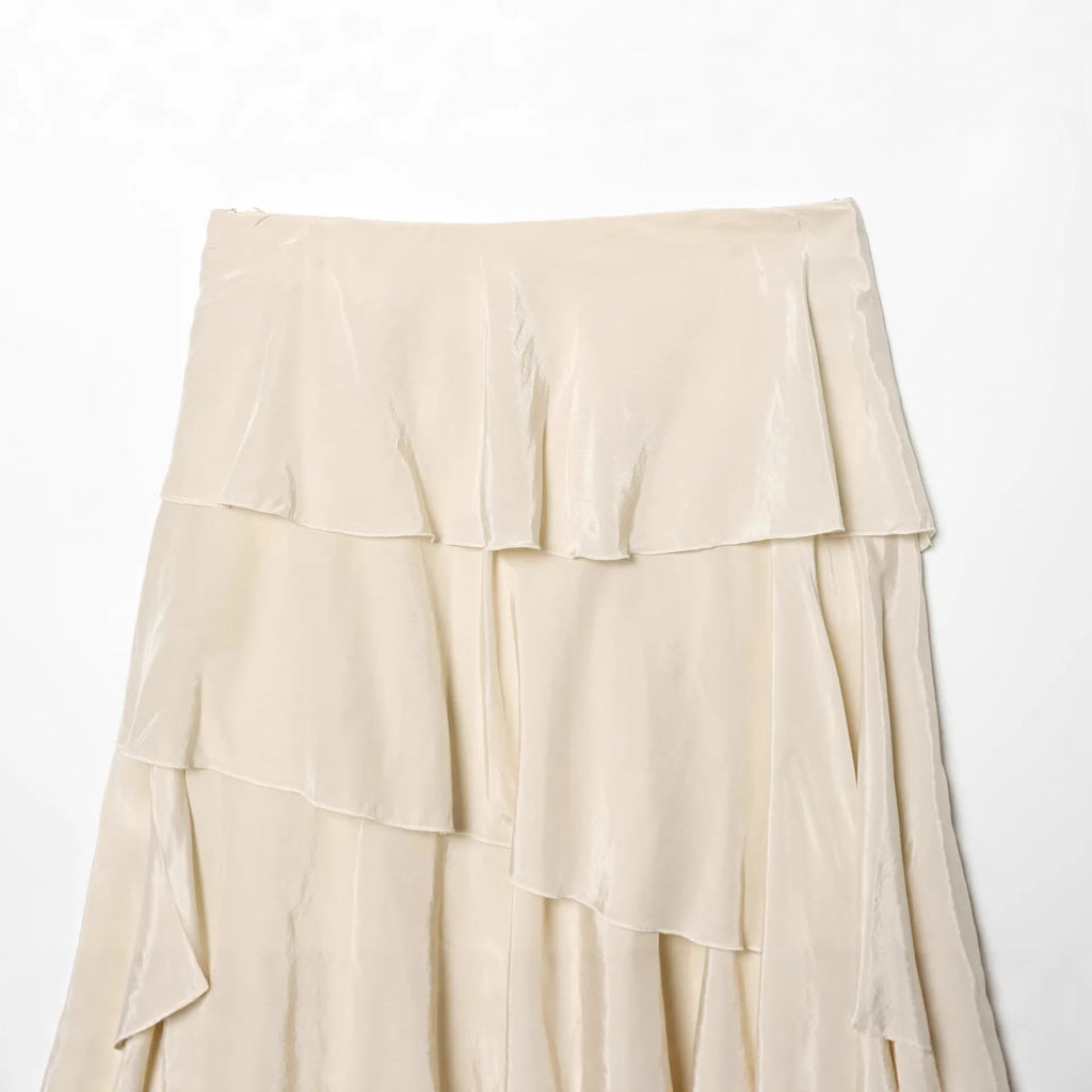 Women's Fashion Layered Decorative Flowing Skirt Cream White Ruffle Layered Skirt High Waist Flowy Long Skirt For Women 18X3
