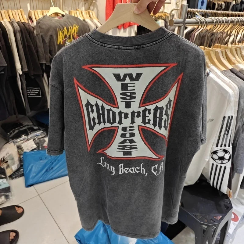 Summer Vintage West Coast Choppers Printed Washing T-Shirt Women'S Cotton Breathable Retro Biker Style Loose Fit Casual Streetwear