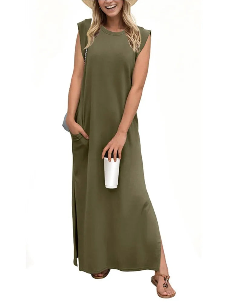 Lady Casual Solid Color Streetwear Summer Fashion Sleeveless Loose Long Dress Woman's Simple Style Slit Hem With Pocket Vestidos