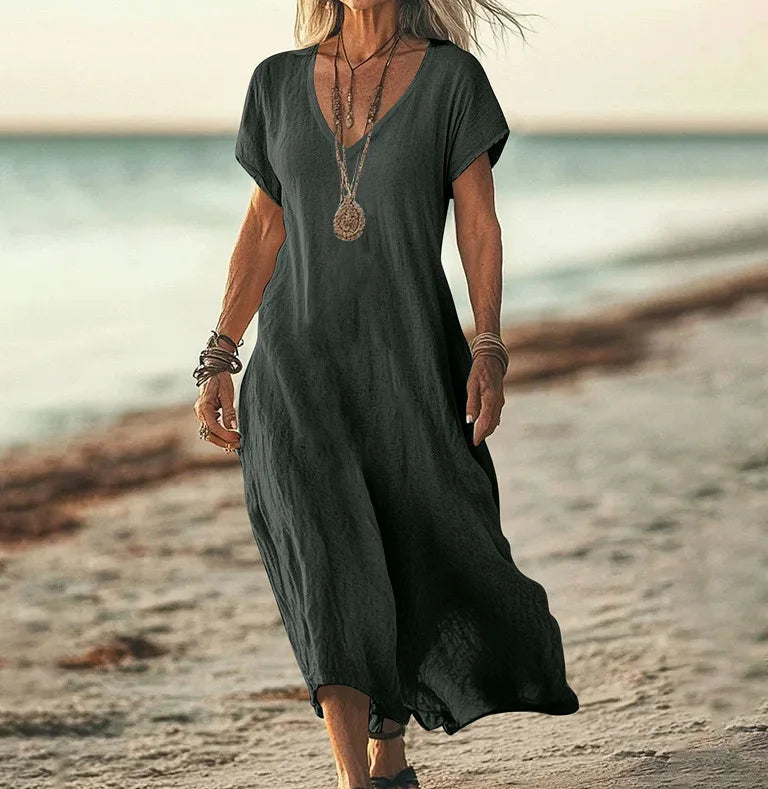 Independent Station Loose Solid Color V-neck Cotton and Linen Women's Dress
