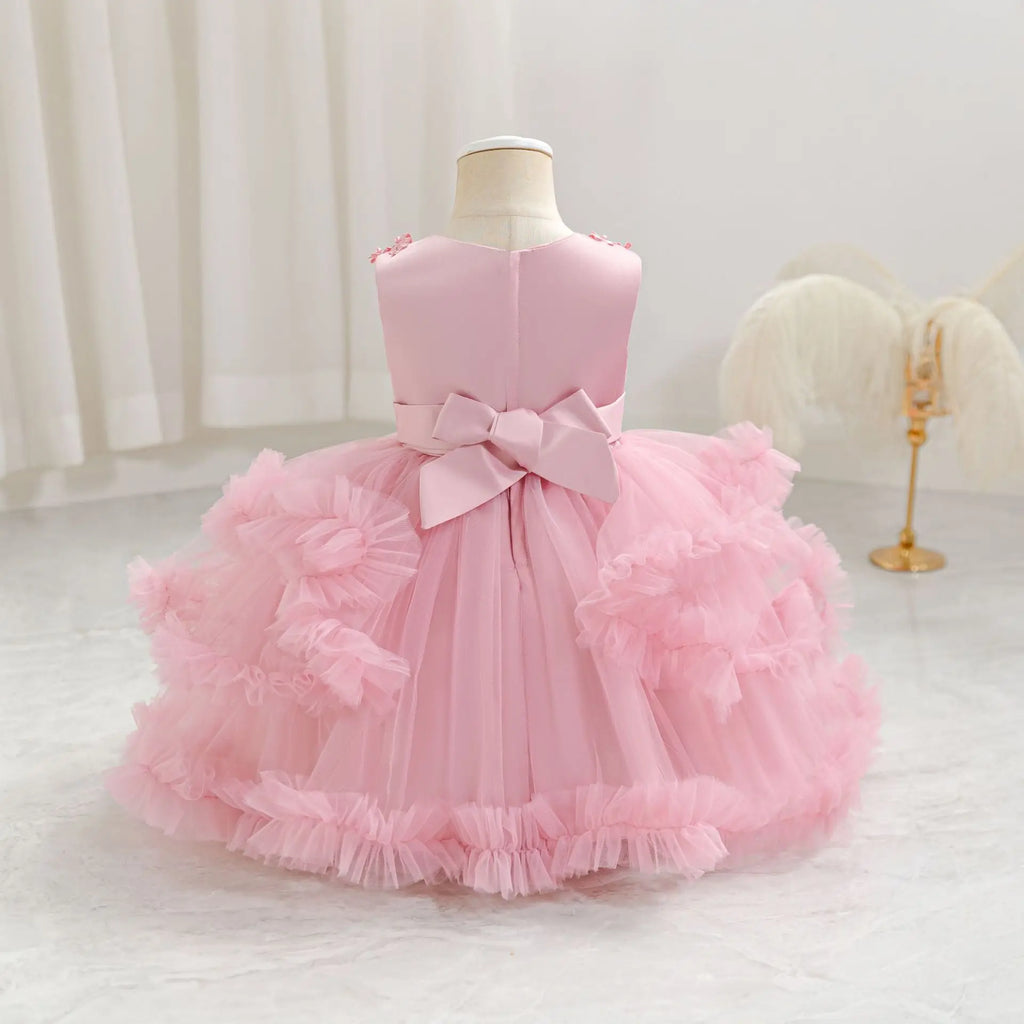 HETISO Girls Sleeveless Mesh Dress Elegant Beading Kids Birthday Party Ball Gown Children Wedding Clothes