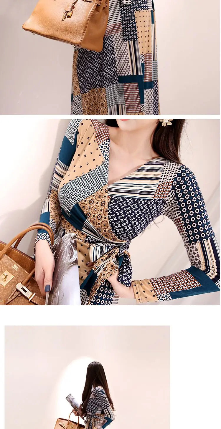 Vintage Print V-neck Lace-Up Maxi Dress | Korean Slim Long Sleeve.