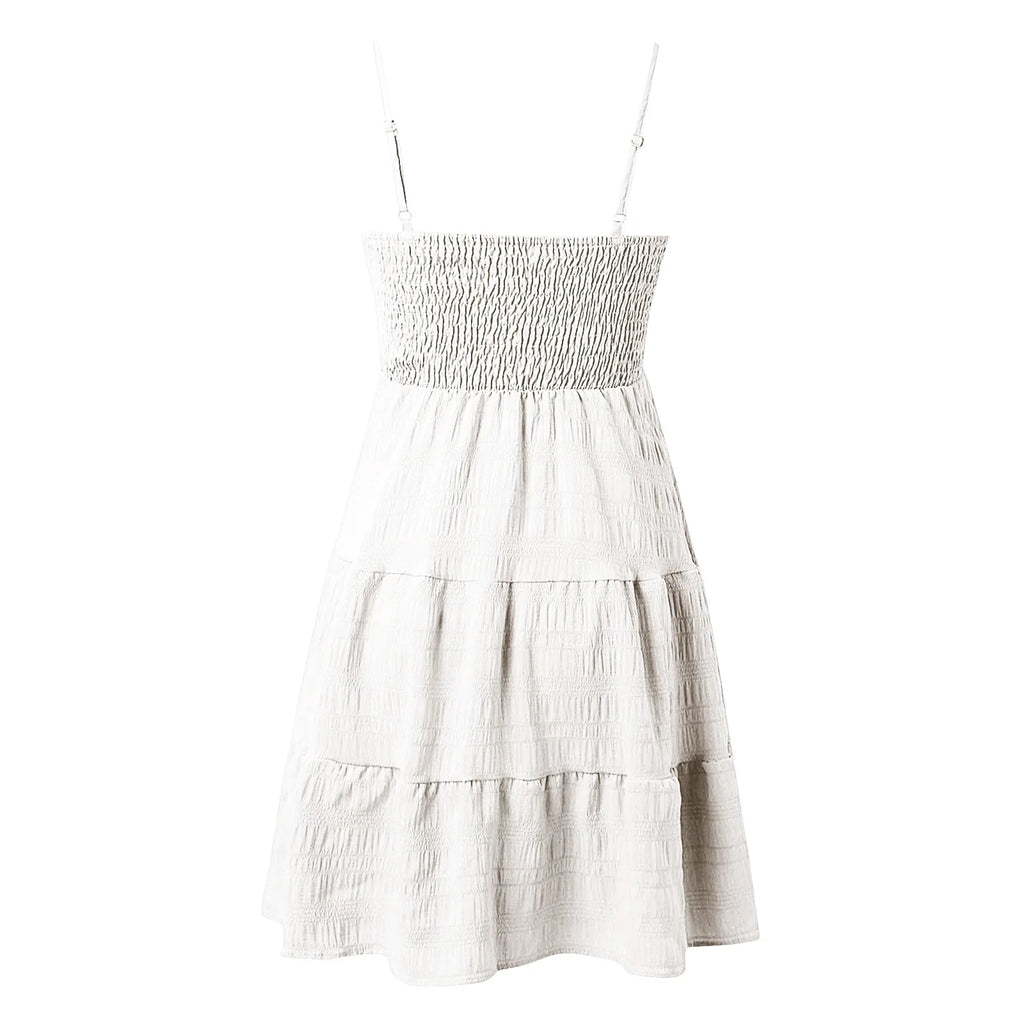 Bohemian Beach Sundress Women Sexy Sleeveless Backless Big Swing Mini Dress Solid Spaghetti Strap Ruffles Dresses Vestidos