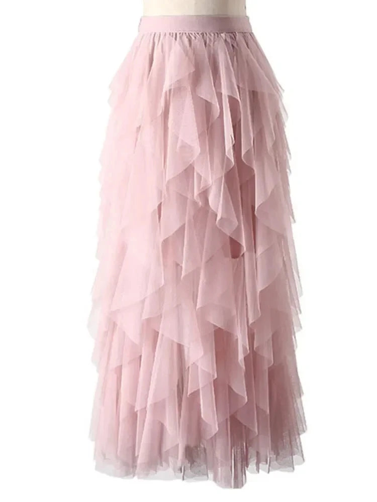 French Romantic Layered Tulle Cake Skirt, High-waisted Slimming Asymmetrical Midi Fairy Skirt