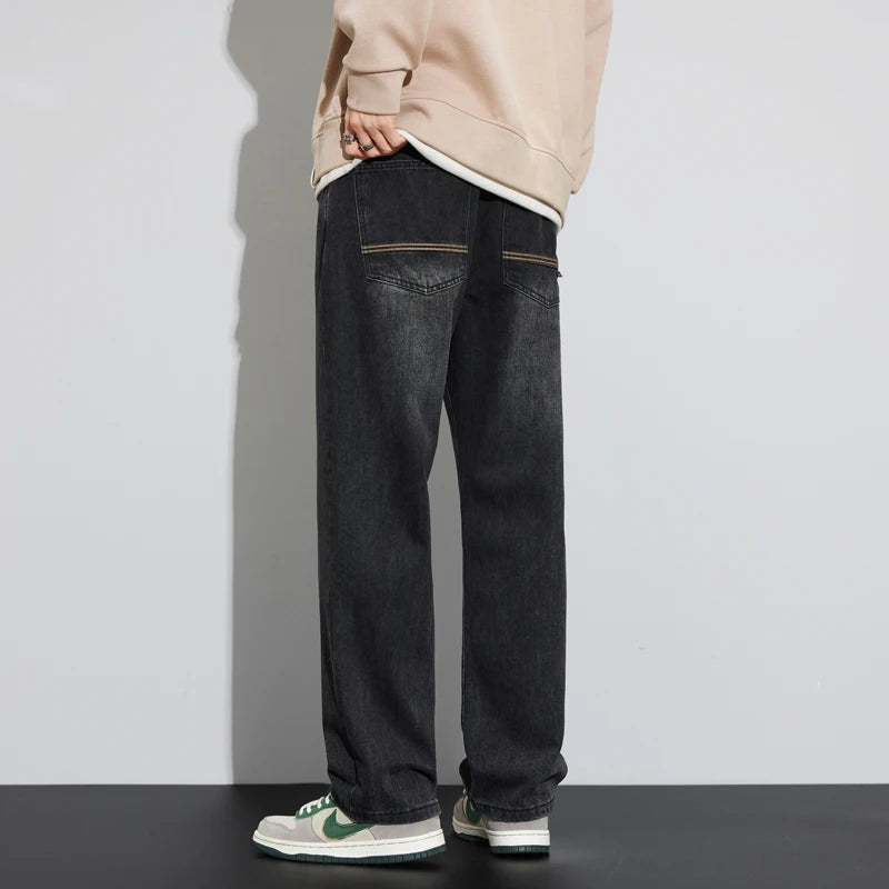 Winter Jeans Warm Fleece Thick Men's Wide Legs Denim Pants Fashion Loose Straight Retro Plush Velvet Casual Trousers Streetwear
