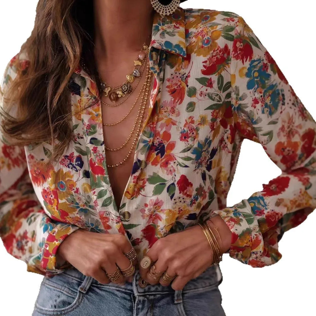 Women's Casual Printed Collar Shirt - Long Sleeve Loose Fit Top
