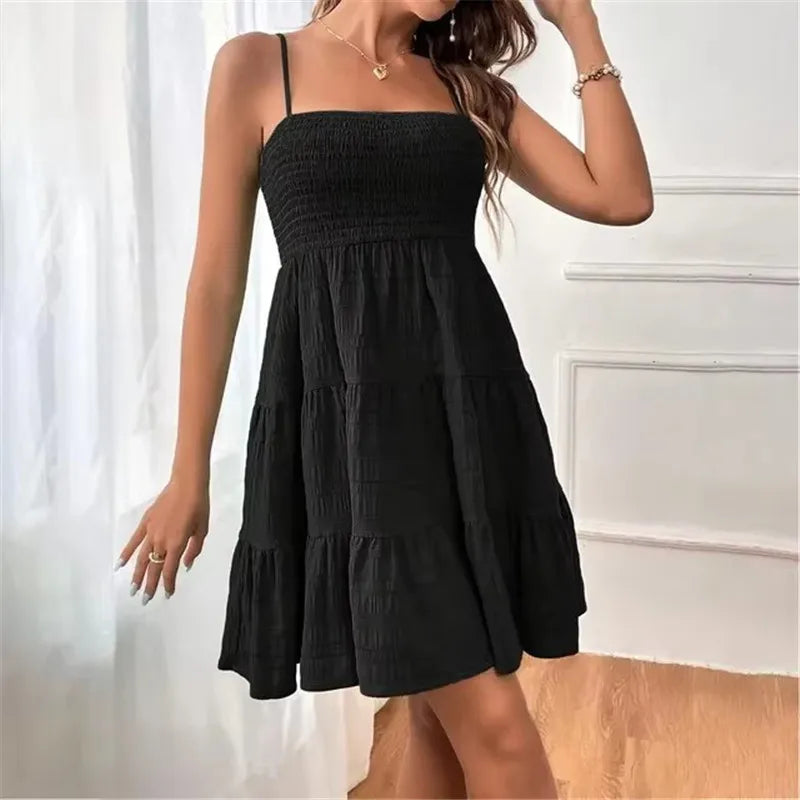 Bohemian Beach Sundress Women Sexy Sleeveless Backless Big Swing Mini Dress Solid Spaghetti Strap Ruffles Dress Summer Vestidos