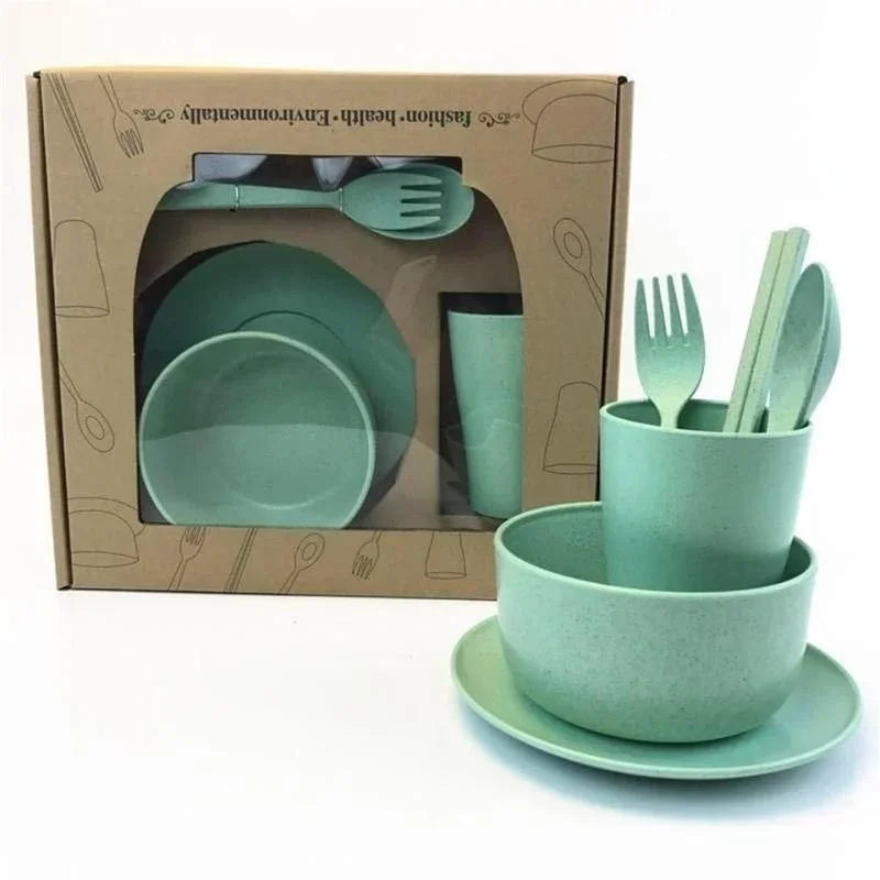 6 Pcs/Set Wheat Straw Baby Tableware Children Food Dishes Bowl Feeding Infant Learning Dinnerware Spoon Chopsticks Fork Cup New