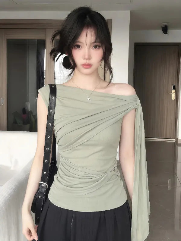 Elegant plus Size Women's T-Shirt Shoulder Bared Slim Fit Summer New Style Korean Version Commute Style Short Sleeve Top
