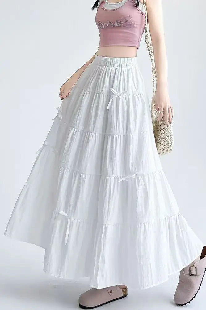 2026 New Streetwear Spring Summer Women's Skirts Vintage High Waist Elastic Patchwork White Black Chic Long Cake A-line Skirt