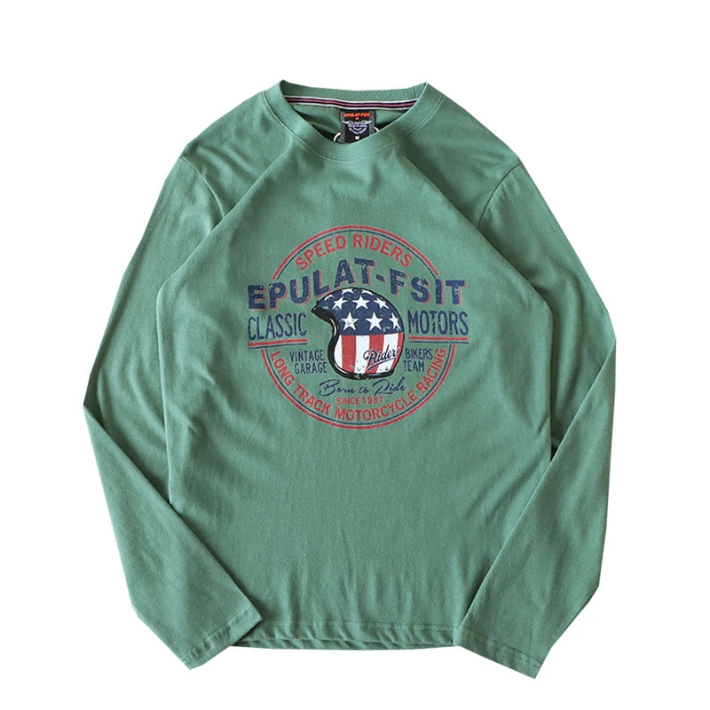 2025 Autumn New American Retro Long Sleeve O-Neck Letter Printed T-Shirt Men'S Fashion 100% Cotton Washed Casual Youth Tops