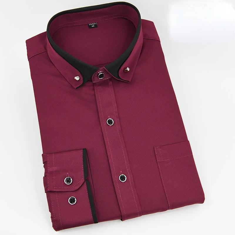 For Men'S Business Dress Shirts Male Formal Button-Down Social Collar Camisa Social Elastic Anti-Wrinkle Casual Men Shirt Pocket