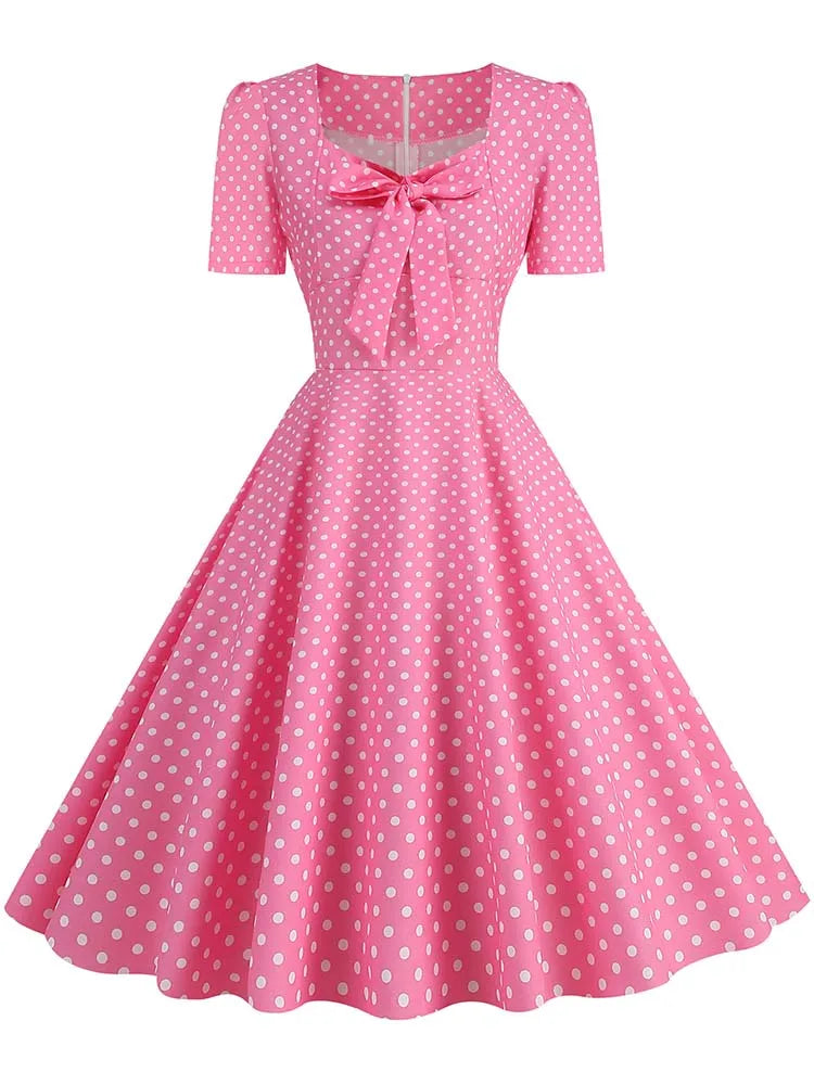 Pink Plaid Swing Party Dresses Women Elegant Vintage Square Collar Short Sleeve Casual Summer Dress