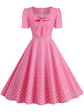 Pink Plaid Swing Party Dresses Women Elegant Vintage Square Collar Short Sleeve Casual Summer Dress