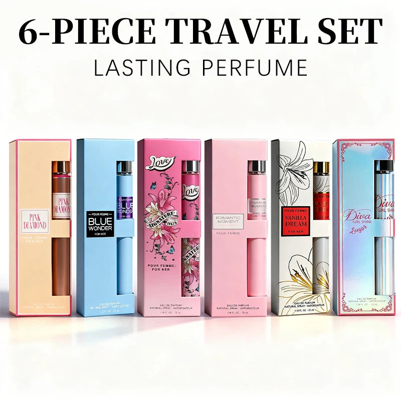 6-Piece Travel Set, Men's and Women's Eau De Toilette Spray, Long-Lasting Fragrance, 6 Different Flavors, Perfect for Holiday Gift