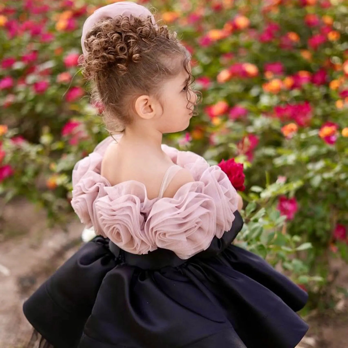 Dreamy Vow D134 Elegant Black Off Shoulder Baby Girl Dress with 3D Flowers Birthday Party Knee-Length Long Sleeve Prom Dress