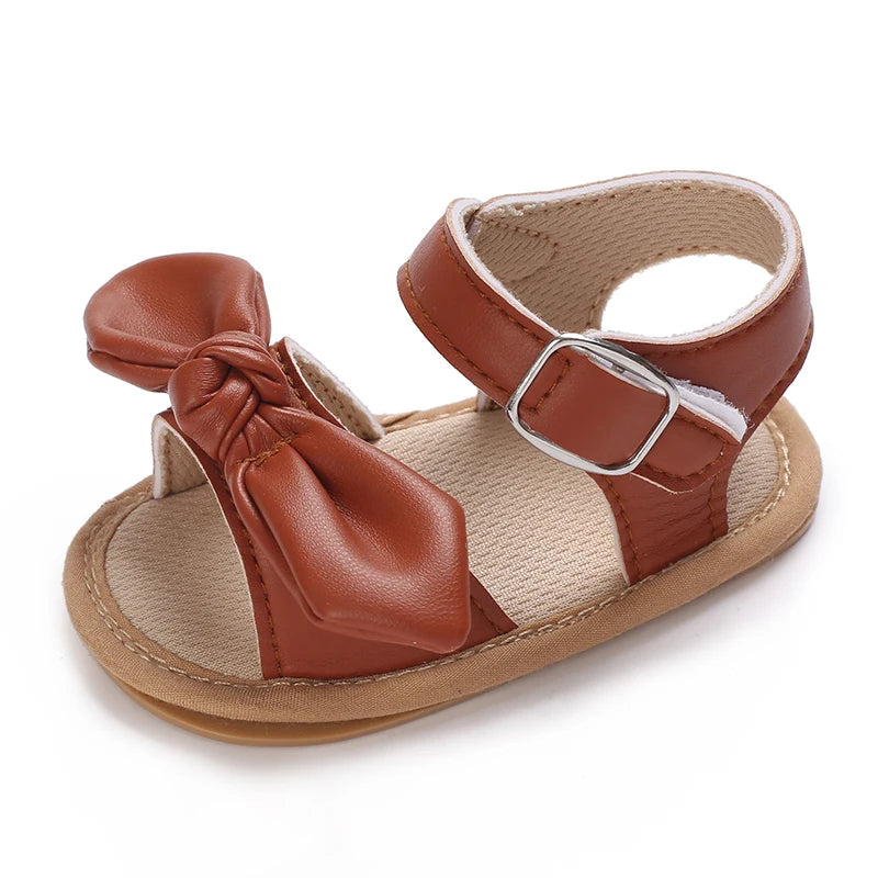 Brown Summer 0-18M Newborn Sandals Cute Bow Soft Rubber Sole Anti Slip Breathable Baby's First Pair Of Walking Shoes