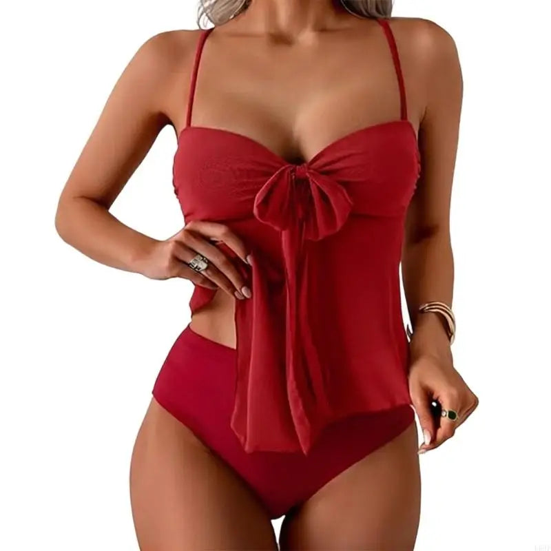 Women Two Piece Sheer Tankini Bathing Suit High Waist Swimwears with Adjustable Sheer Tie for Swimming Beach Volleyballs