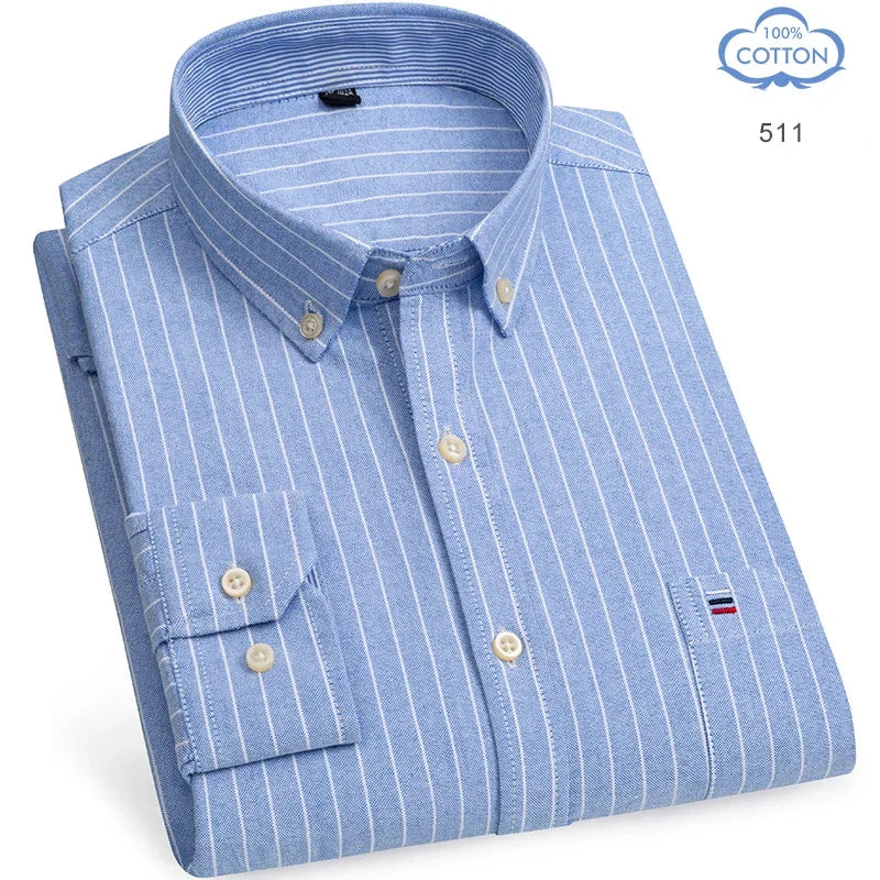 100 Percent Cotton Oxford Shirt For Men Long Sleeve Plaid Pattern Business Office Wear Smart Casual