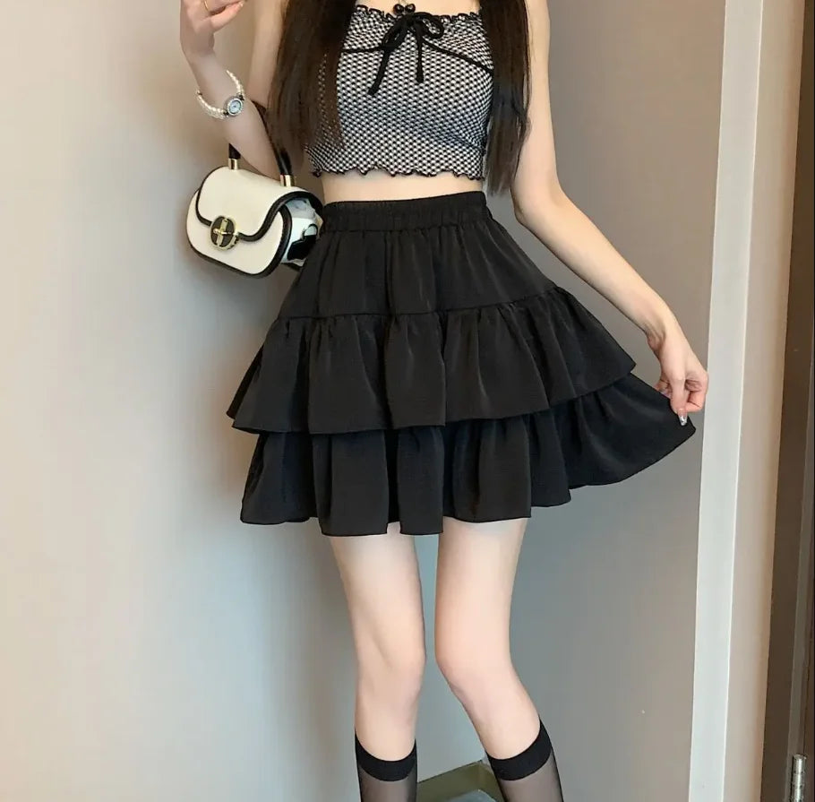 Ruffled Cake Skirts for Women High-waisted A-line Solid All-match Sweet Lovely Girls Korean Style Gentle Spring Kawaii Casual