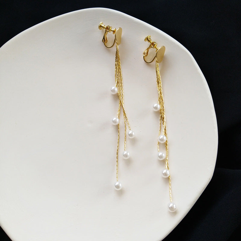Korean Fashion Style Pearl Long Tassel Clip on Earrings for Women Simple Temperament Long Chain Non-piercing Ears Clip Earrings
