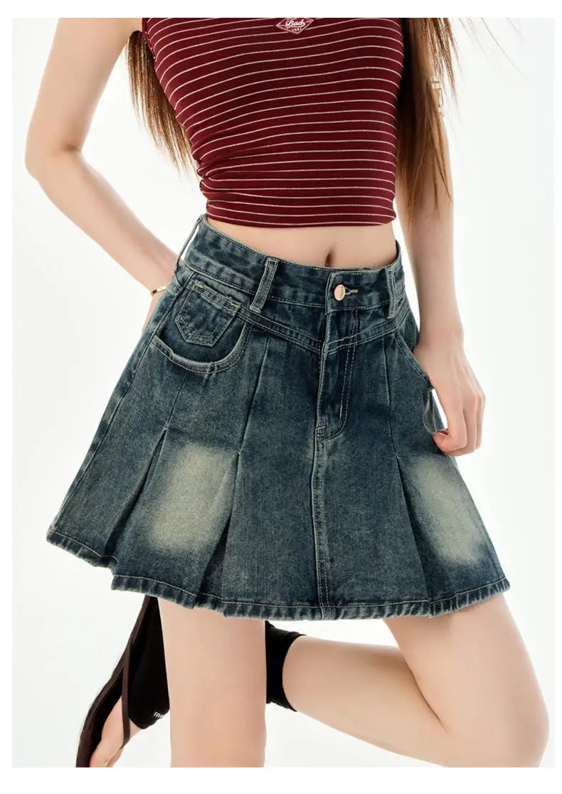 Trendy High Waist Pleated  Denim Skirt Women's Spring Summer New Lazy Style A-Line Half-length Jeans Skirts