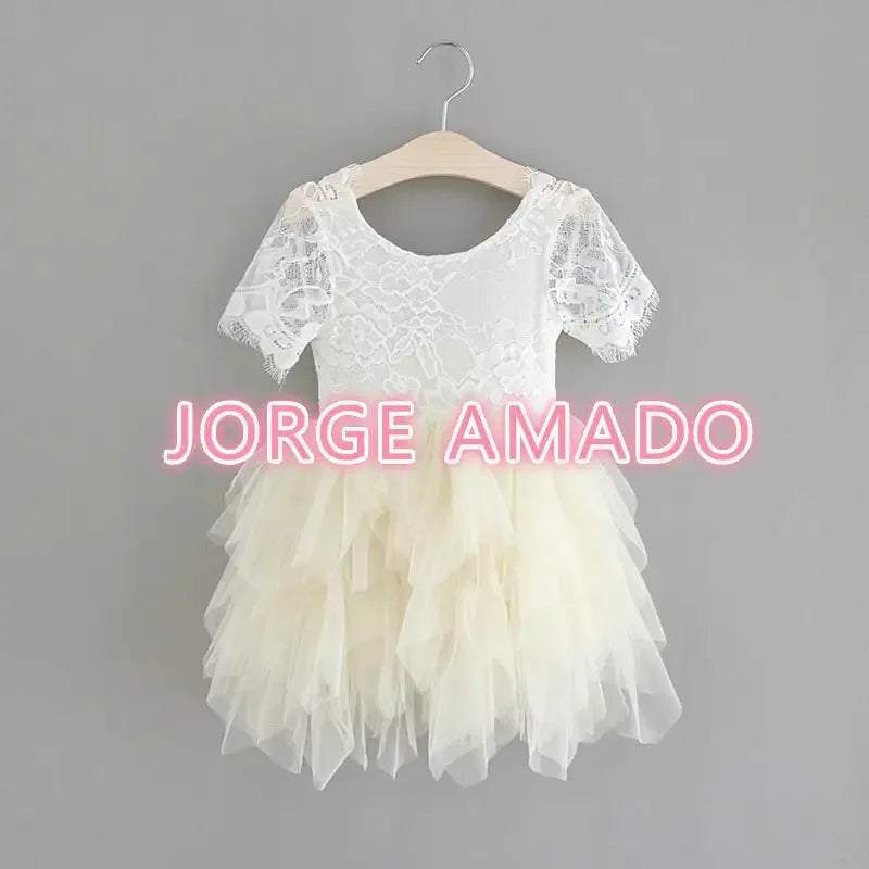 Summer Girl Dress Eyelashes Back Thin Lace Top Flat Skirt Tulle Gauze Princess Dress Children Clothing E15180