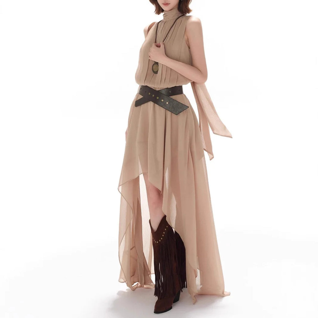 Elegant Casual Sleeveless Chiffon Vest Dress Original Design Long Skirt Drifting Hemline Polyester Fabric Shirt Pattern Stitc...