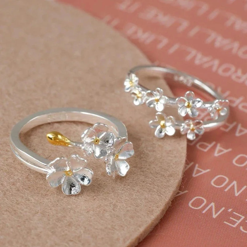 Delicate Flower Opening Adjustable Rings For Women'S Silver Color Minimalist Finger Ring Engagement Jewelry Female