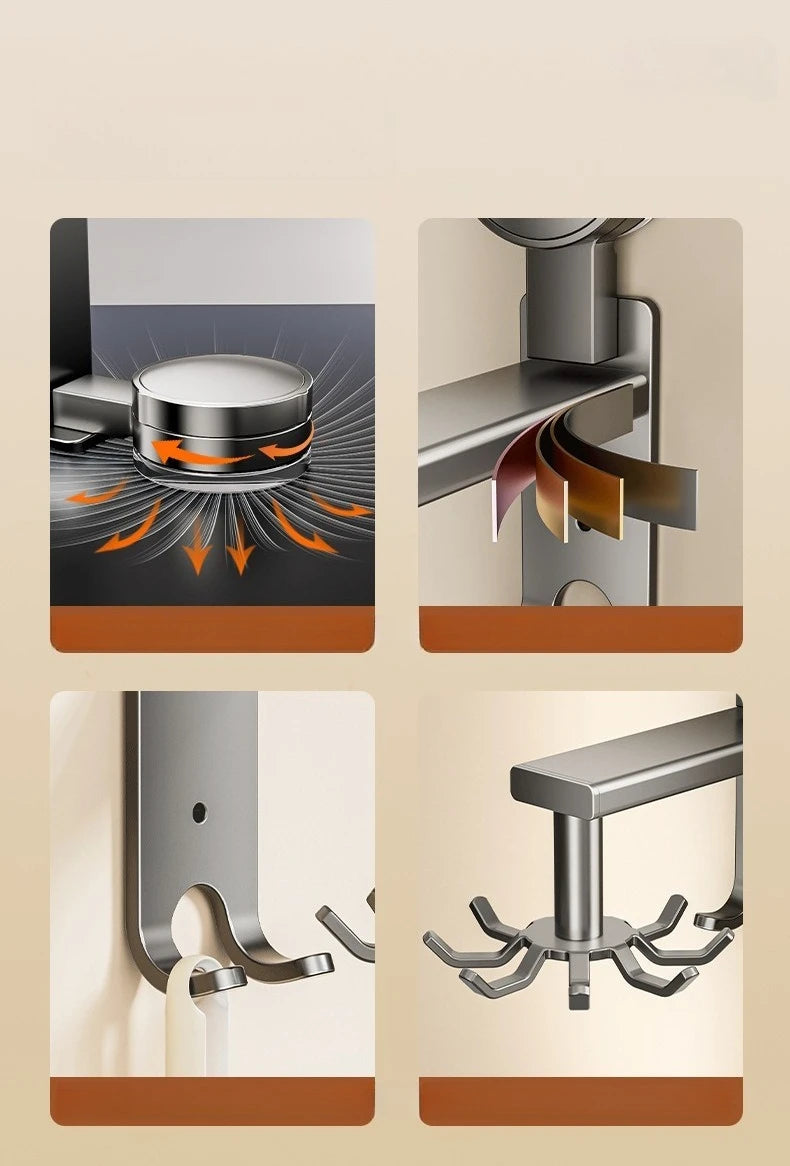 Suction cup hook rotating kitchen no drilling space aluminum multifunctional spatula hanging rack storage wall mounted shelf