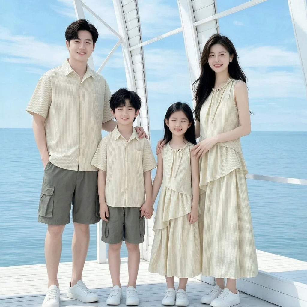 Mommy and Me Clothes Striped Print Family Matching Outfits Holiday Look Button Shirt Ruffles Dress Casual Clothing Set Beachwear
