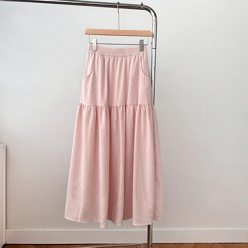 Summer Women Skirts Vintage High Waist Elastic Patchwork White Long skirt Chic pink skirt Long Cake A-line Skirt