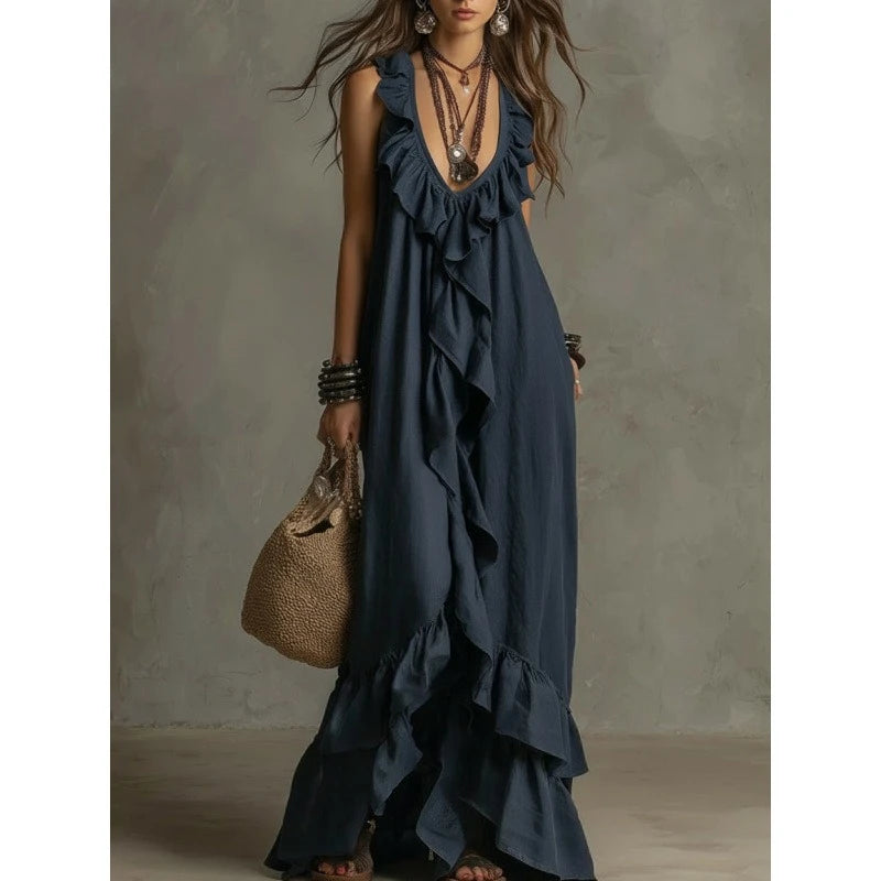 Boho Ruffled Maxi Dress Deep V Sleeveless Cascading Ruffle Loose Flowy Floor Length Beach Vacation Casual Long Dresses Cover Up