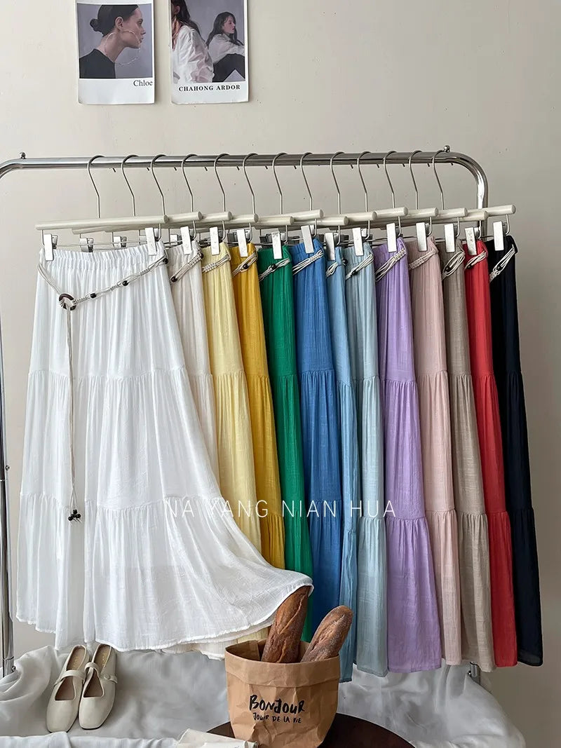 Beiyingni 2025 Summer French Women's Linen Cotton Maxi Skirts Casual Vintage Sashes Korean Long Cake Skirt Female Boho Vacation